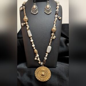 #48. White Quartz  Beaded Necklace & Vintage Earrings